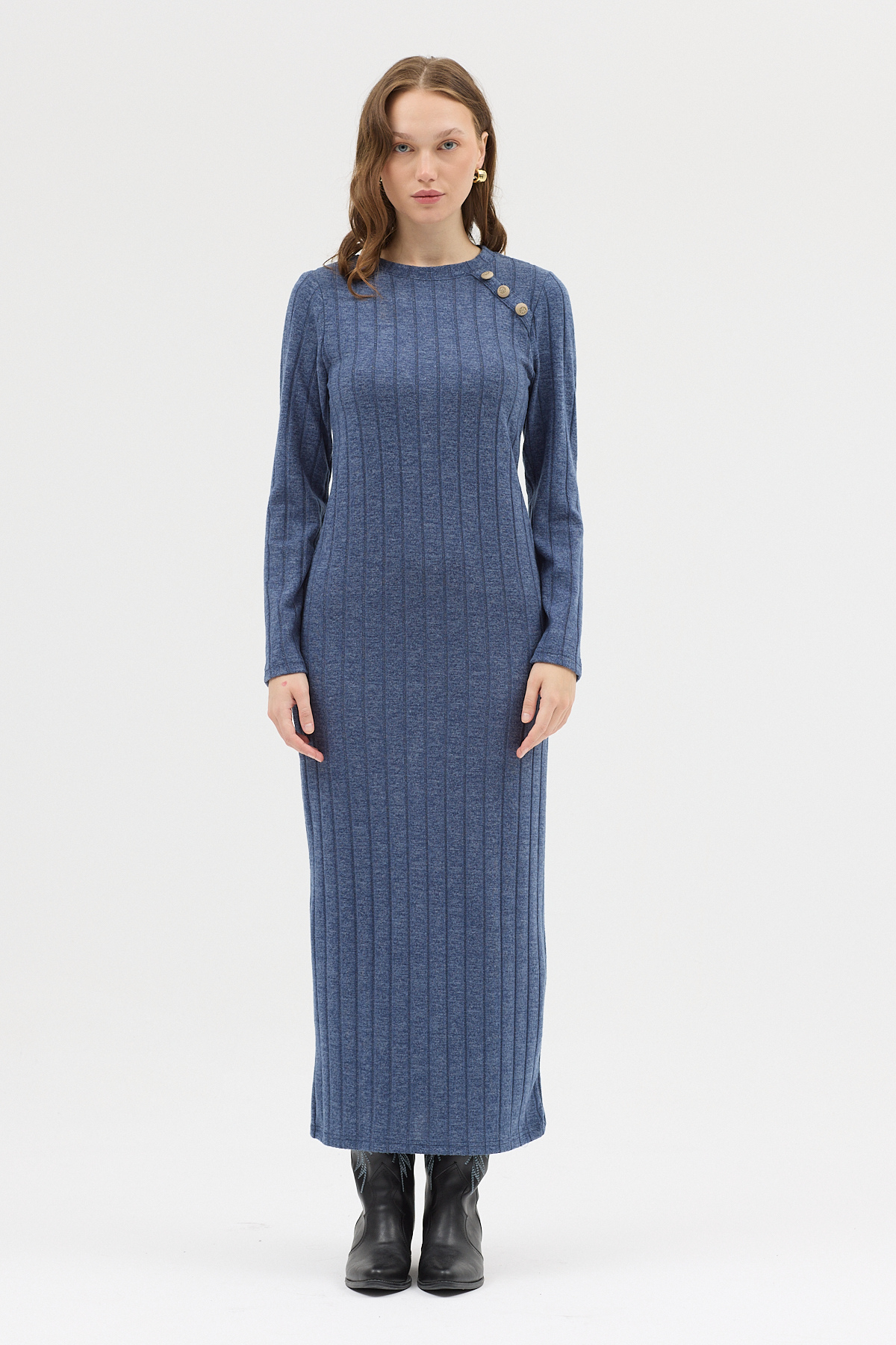 İndigo Omuz Düğme Detaylı Triko Uzun Elbise 8154A - 2