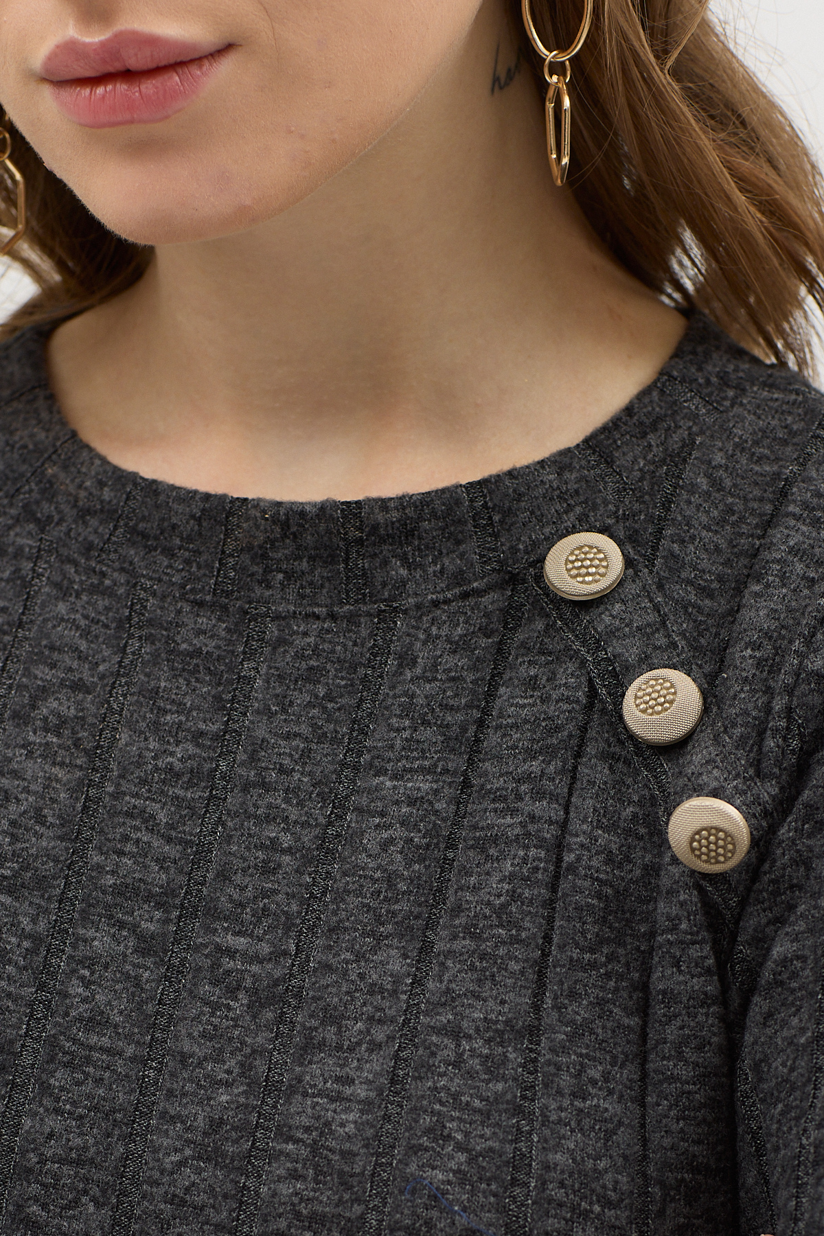 Siyah Omuz Düğme Detaylı Triko Uzun Elbise 8154A - RAYS