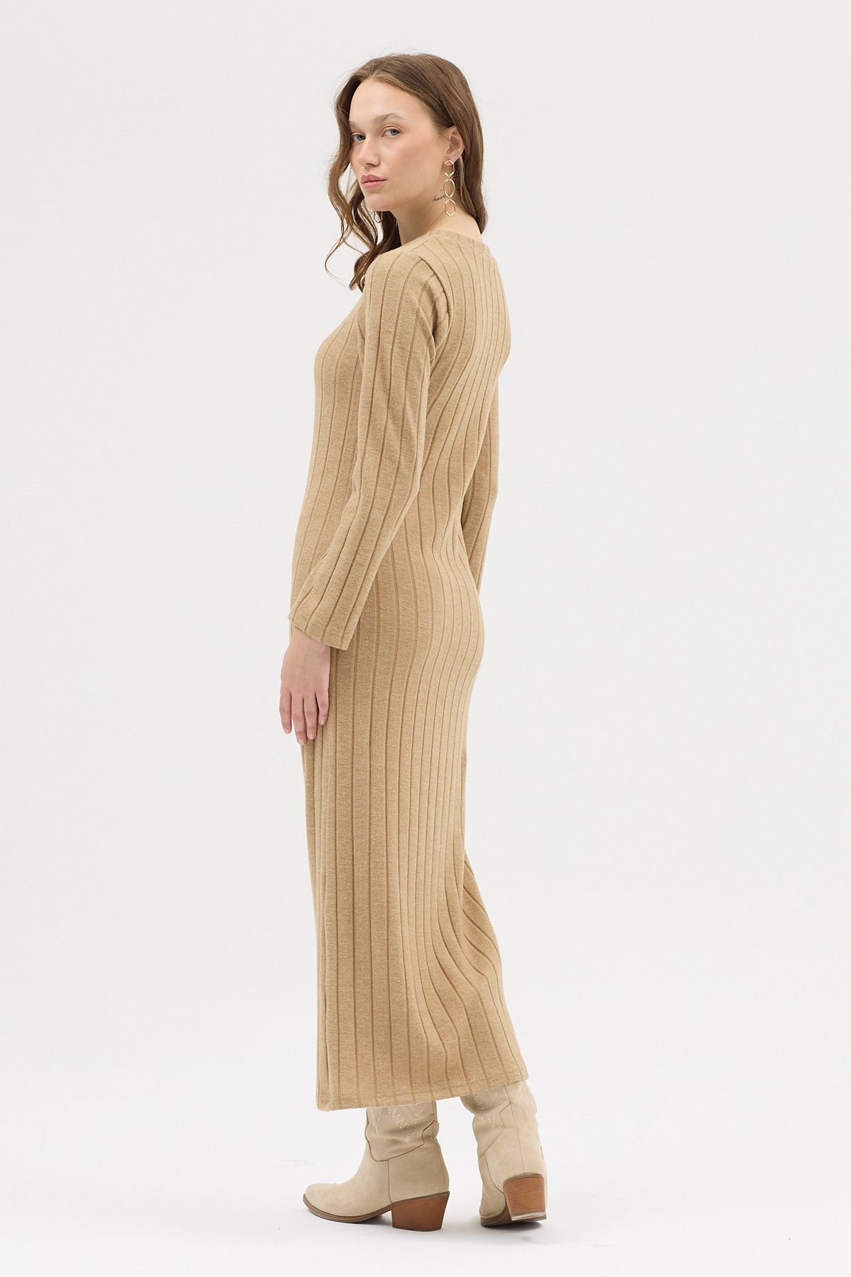 Vizon Omuz Düğme Detaylı Triko Uzun Elbise 8154A - 5