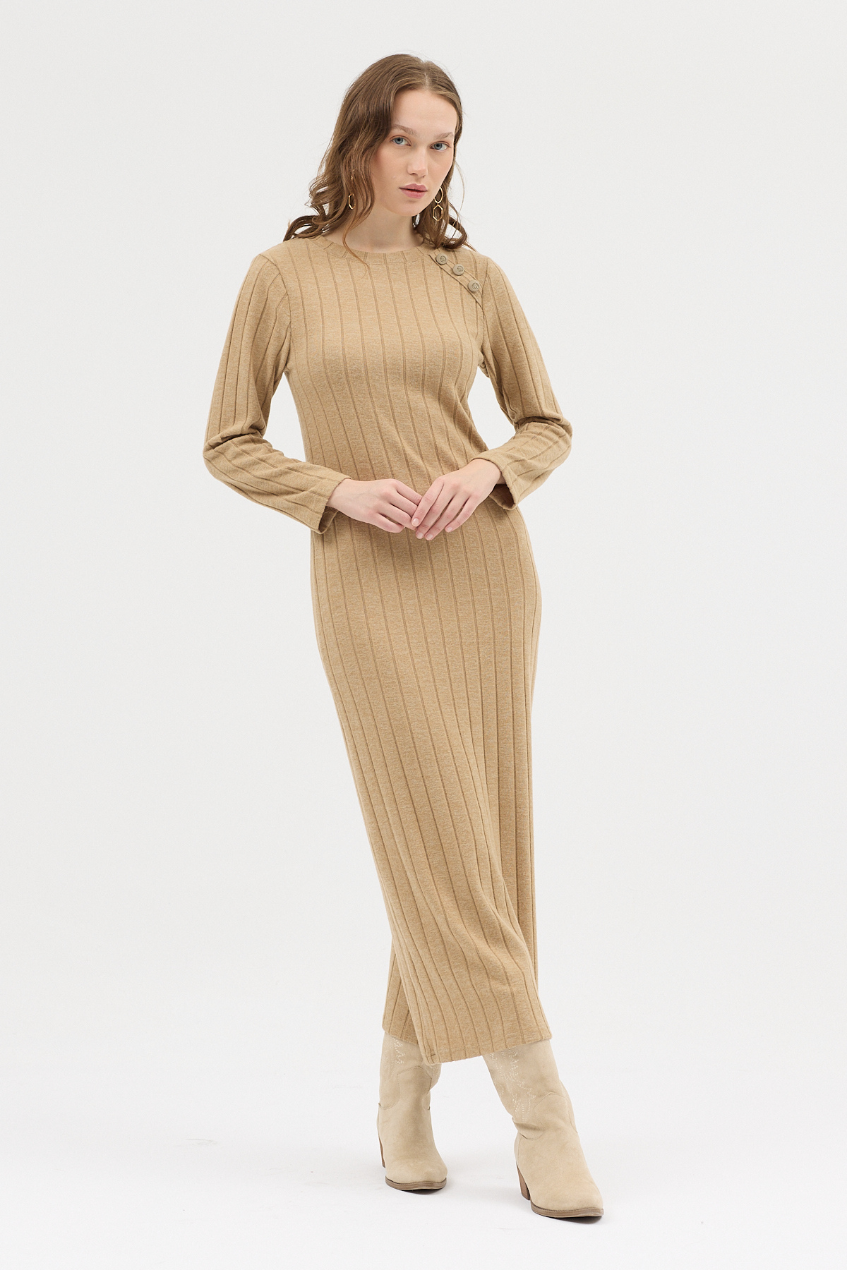 Vizon Omuz Düğme Detaylı Triko Uzun Elbise 8154A - RAYS