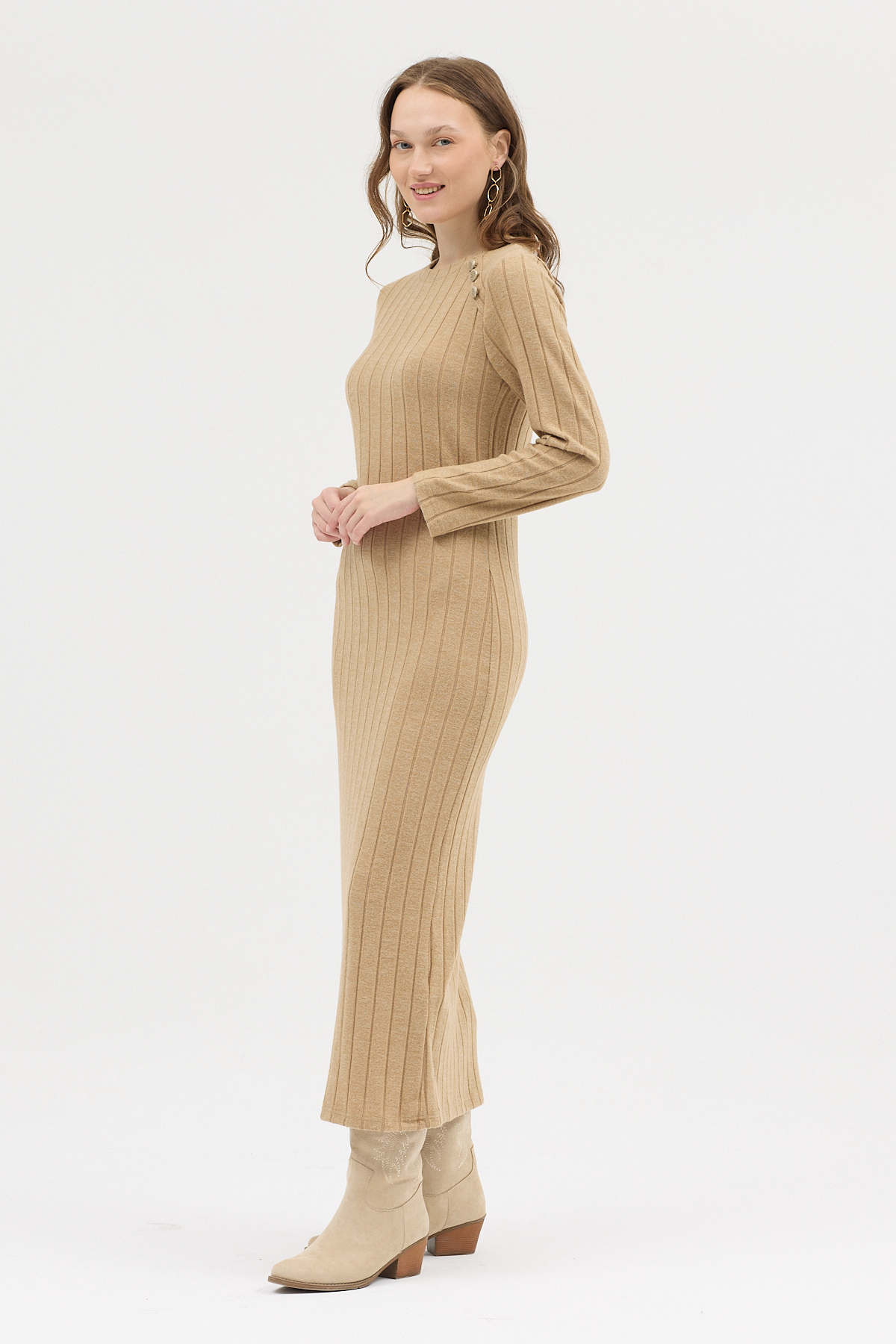 Vizon Omuz Düğme Detaylı Triko Uzun Elbise 8154A - 3