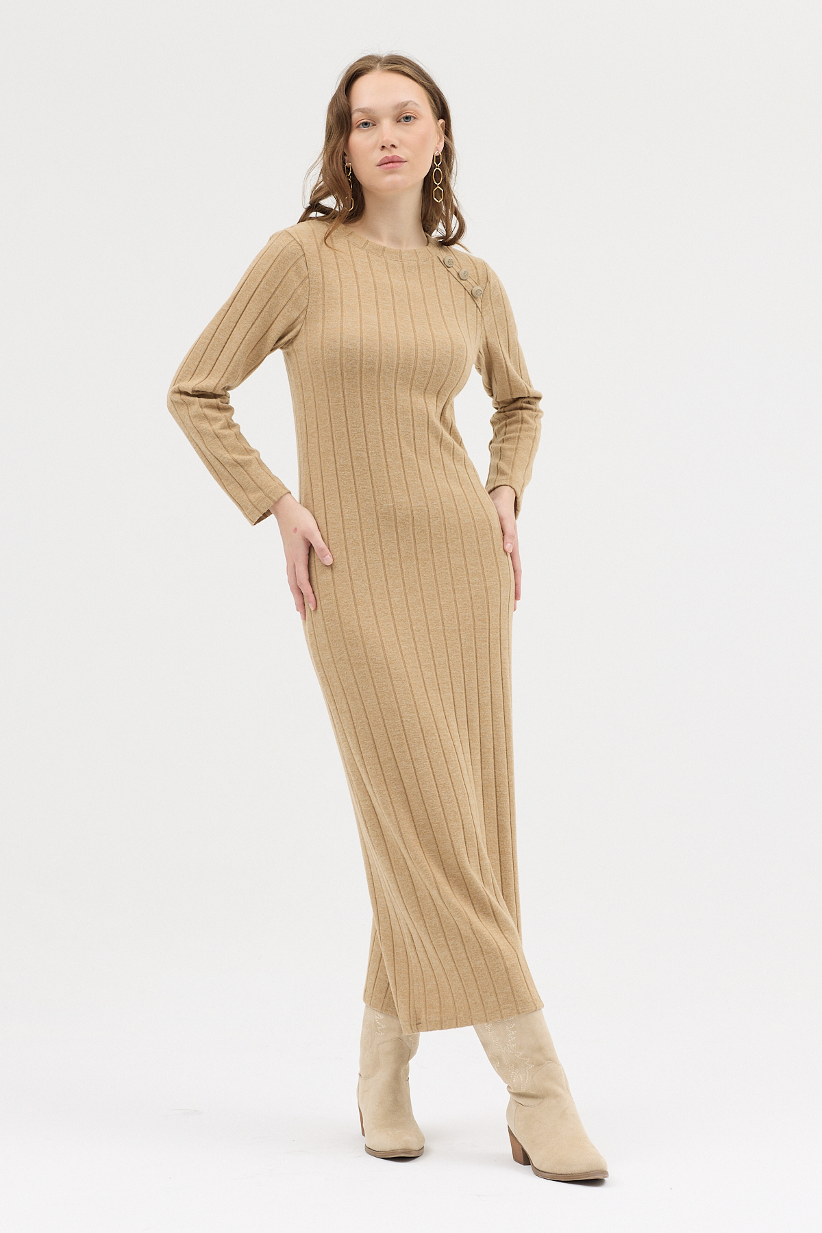 Vizon Omuz Düğme Detaylı Triko Uzun Elbise 8154A - 6