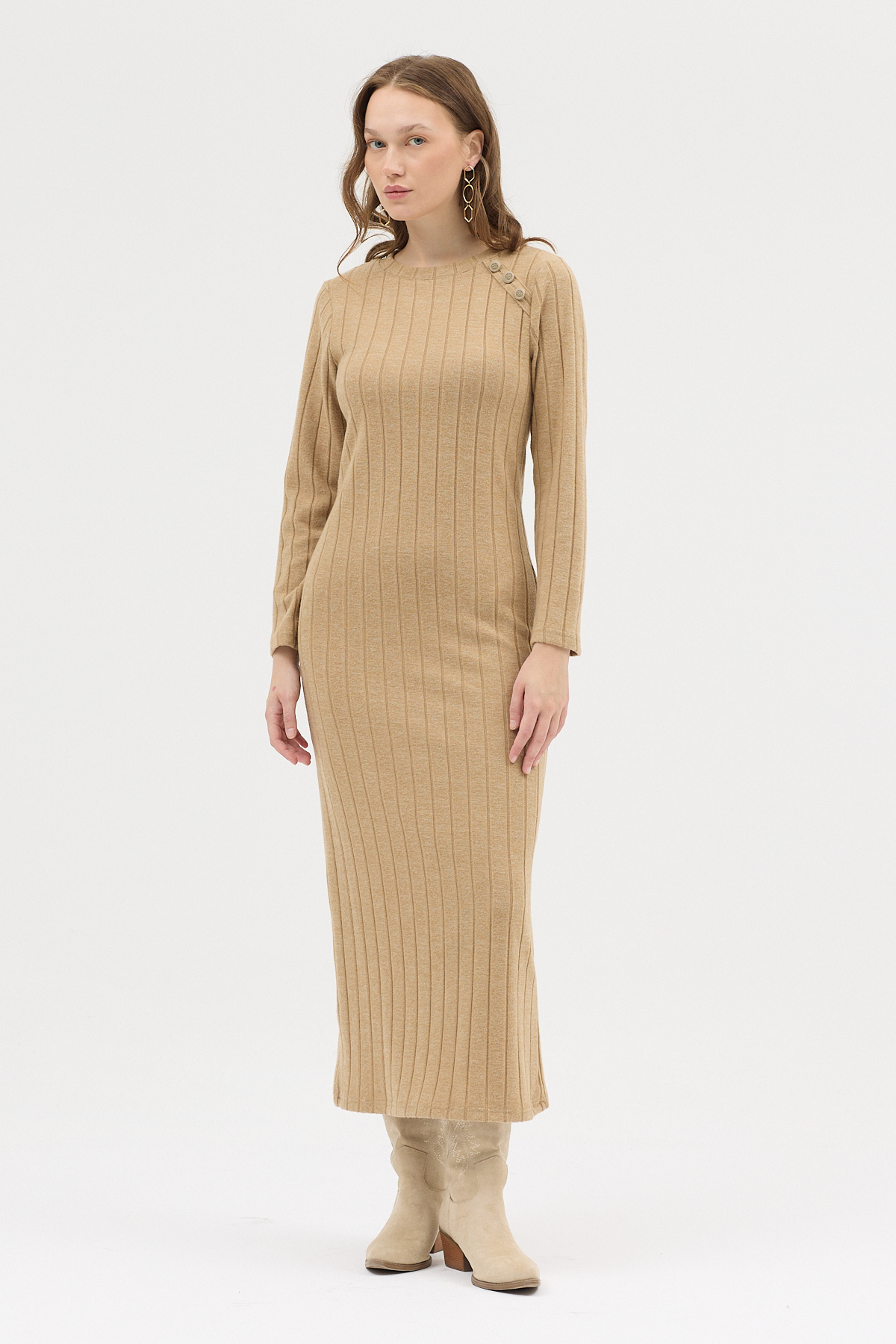 Vizon Omuz Düğme Detaylı Triko Uzun Elbise 8154A - 7