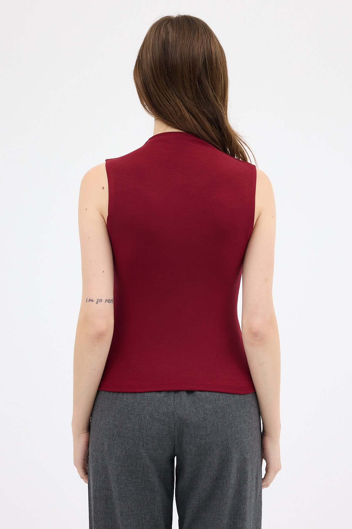 Bordo Kadın Kolsuz Yüksek Yaka Body 8155A - 5