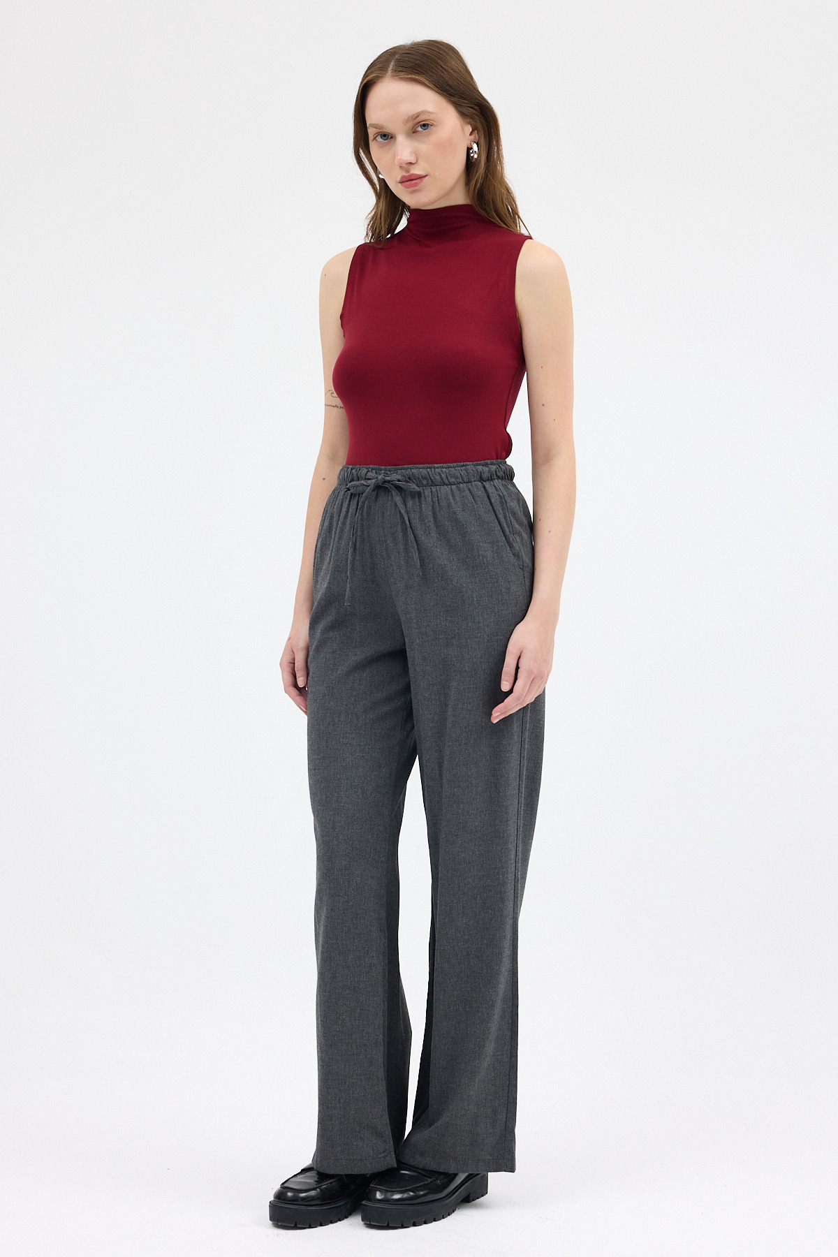 Bordo Kadın Kolsuz Yüksek Yaka Body 8155A - 3