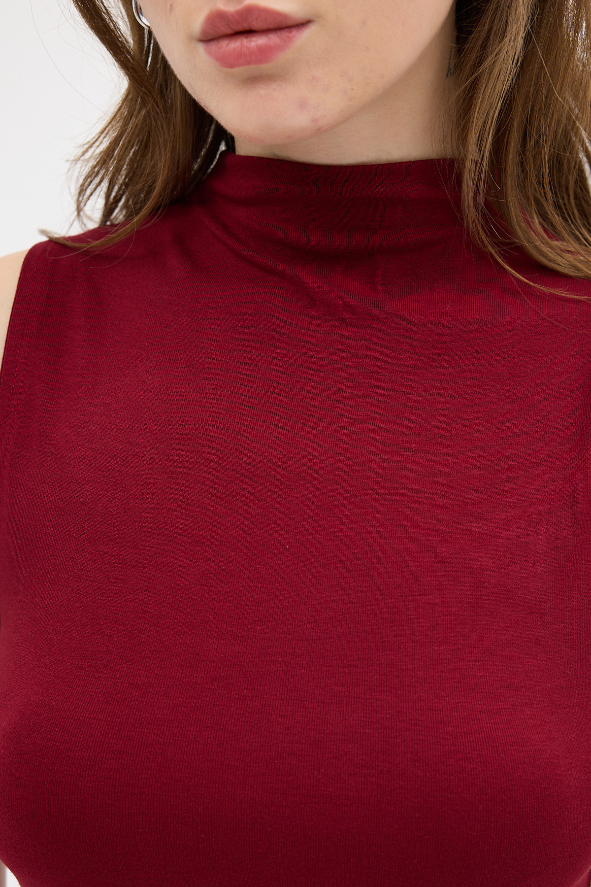 Bordo Kadın Kolsuz Yüksek Yaka Body 8155A - 4