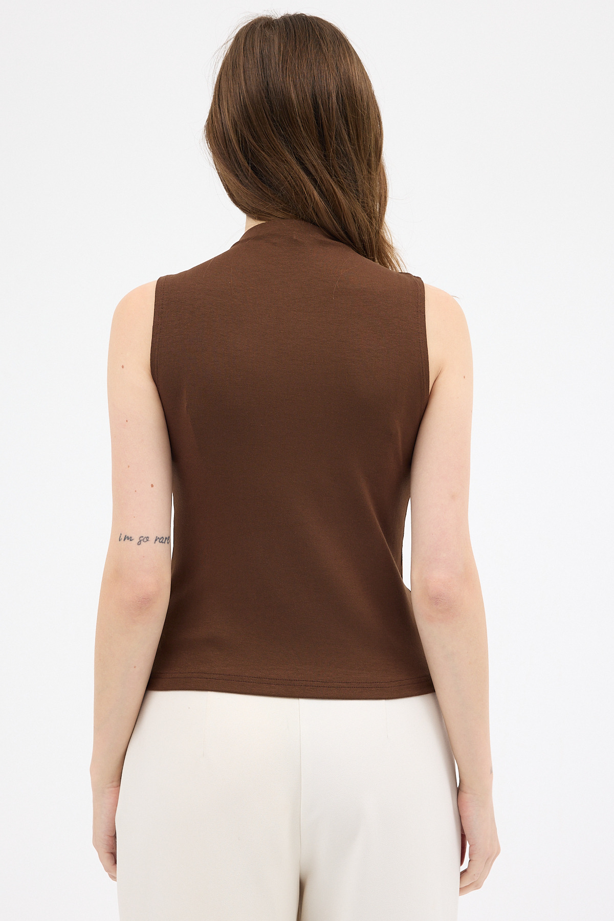 Kahve Kadın Kolsuz Yüksek Yaka Body 8155A - 5