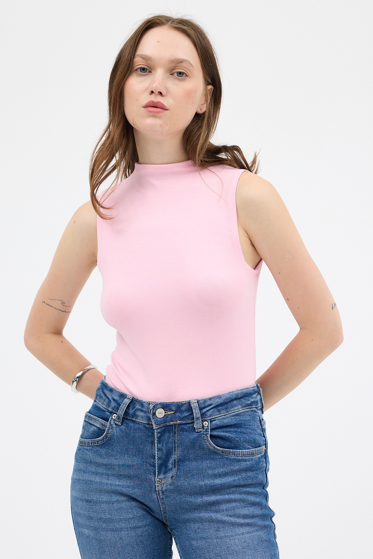 Pembe Kadın Kolsuz Yüksek Yaka Body 8155A - 7