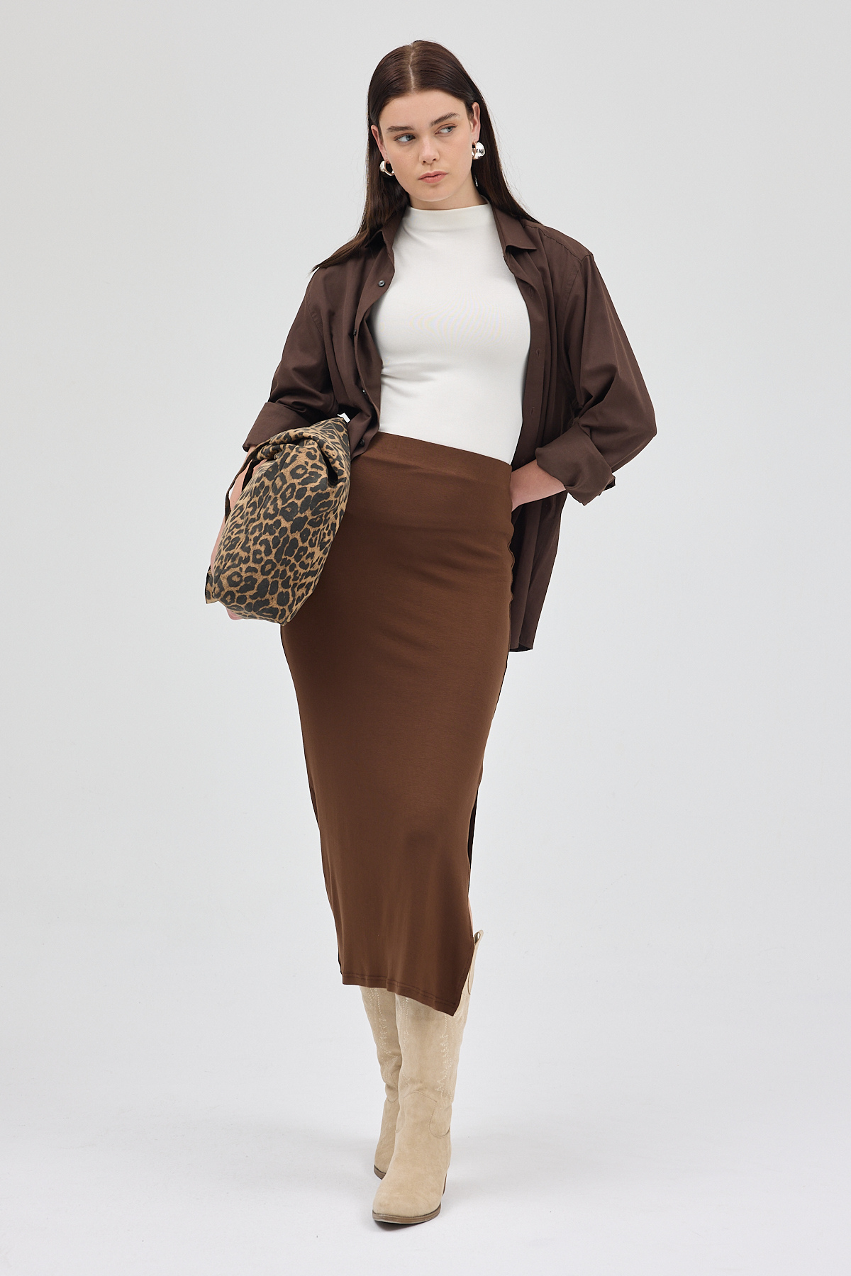 Kahve Likralı Uzun Lastik Bel Etek 8157A - 6