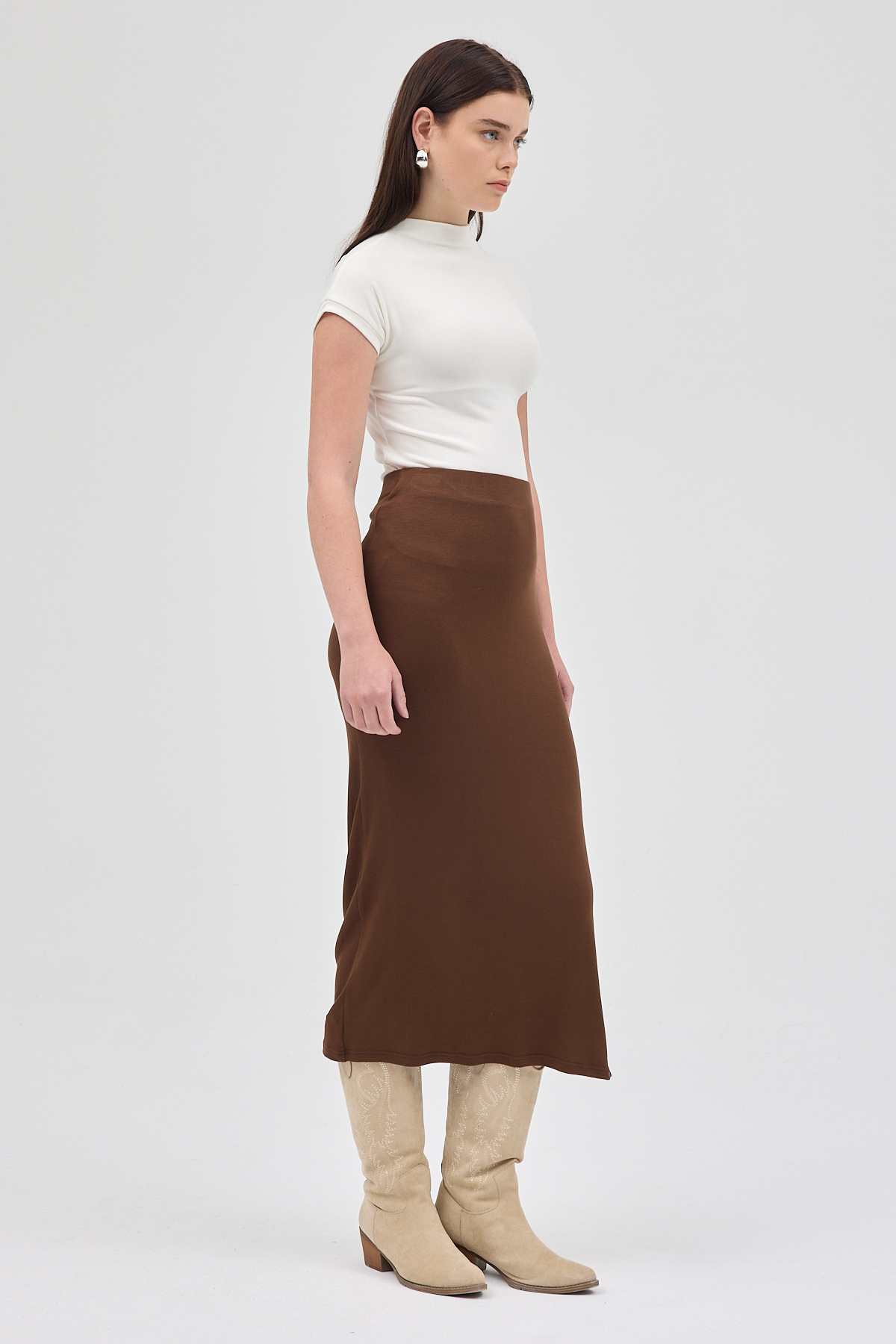 Kahve Likralı Uzun Lastik Bel Etek 8157A - 7