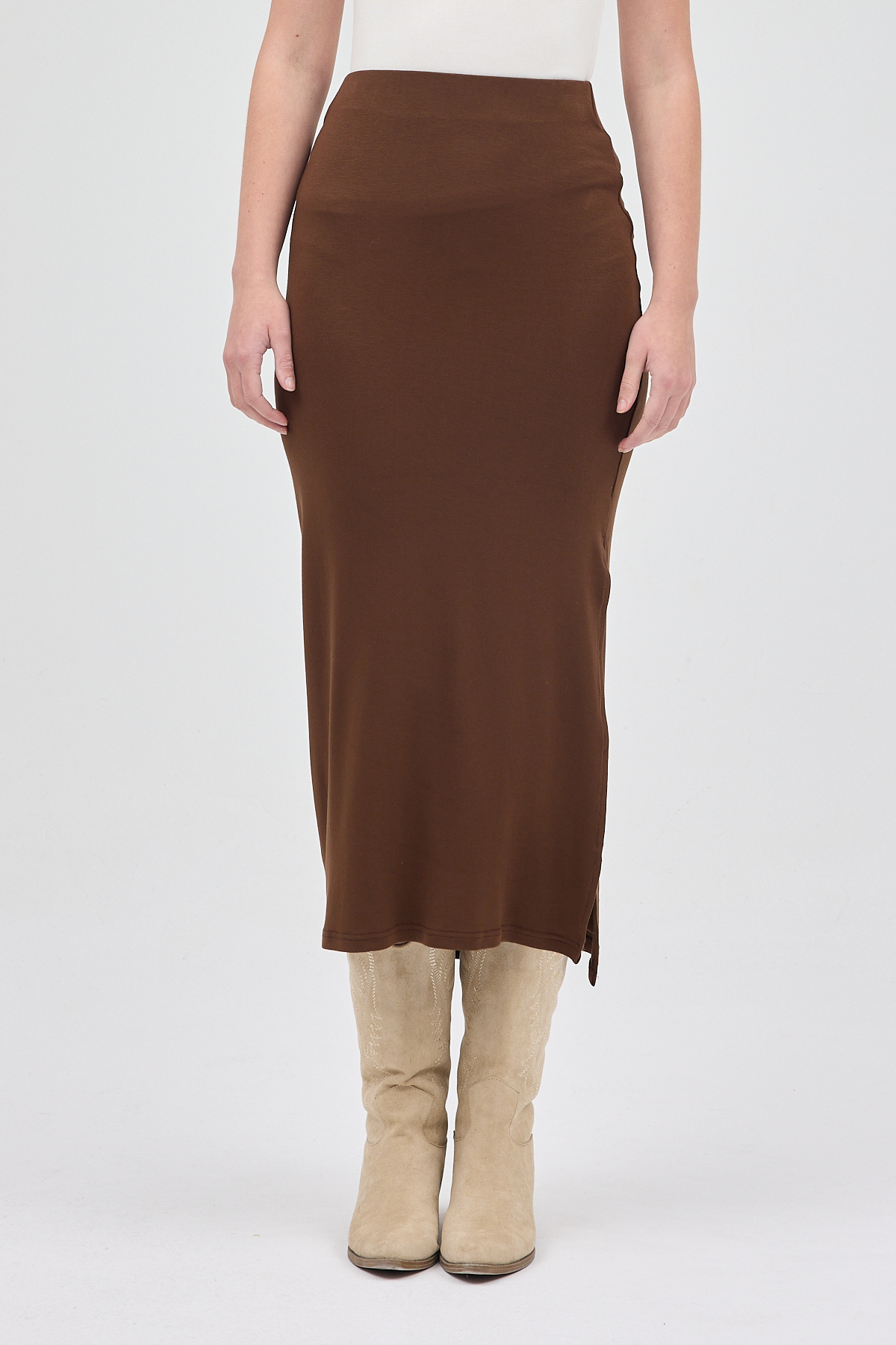 Kahve Likralı Uzun Lastik Bel Etek 8157A - RAYS (1)