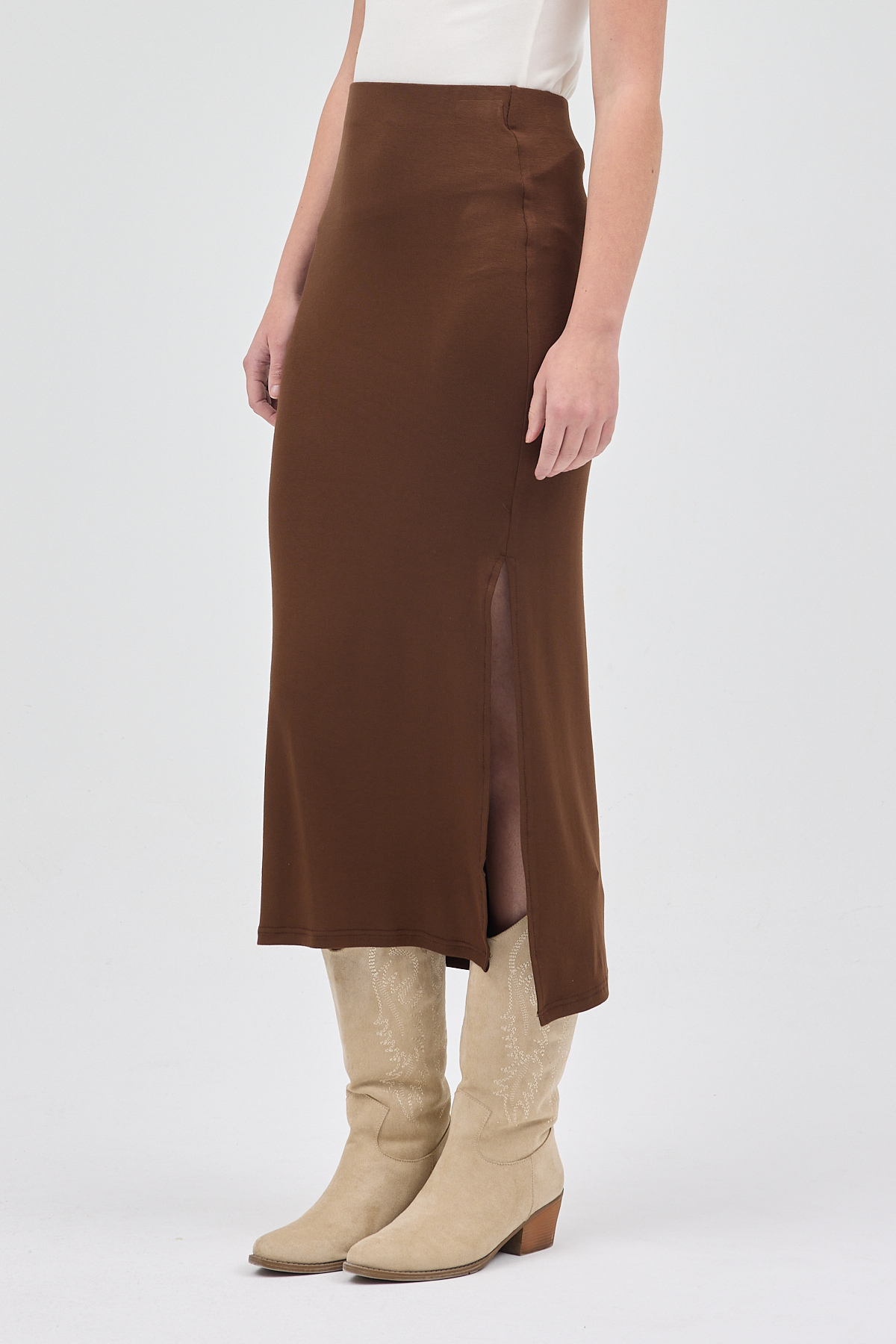 Kahve Likralı Uzun Lastik Bel Etek 8157A - 3