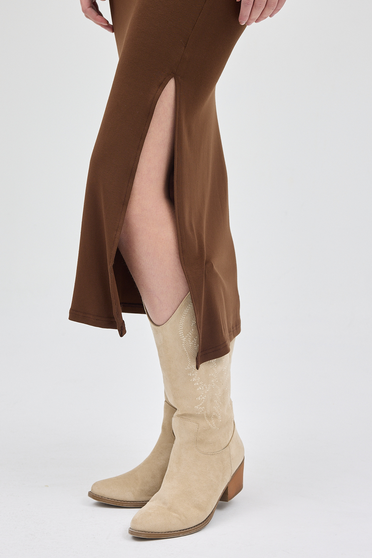 Kahve Likralı Uzun Lastik Bel Etek 8157A - 4