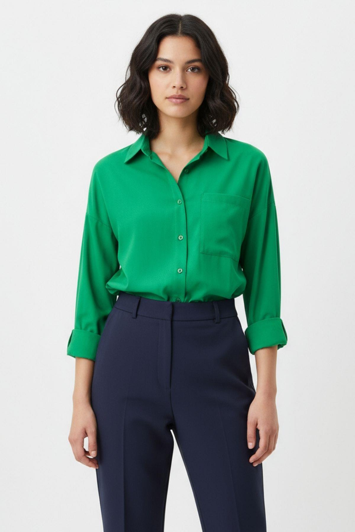 8158A Tek Cep Detay Oversize Gömlek Benetton Yeşili - 1
