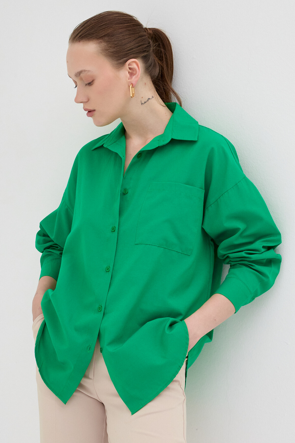 Benetton Yeşili Tek Cepli Oversize Gömlek 8158A 