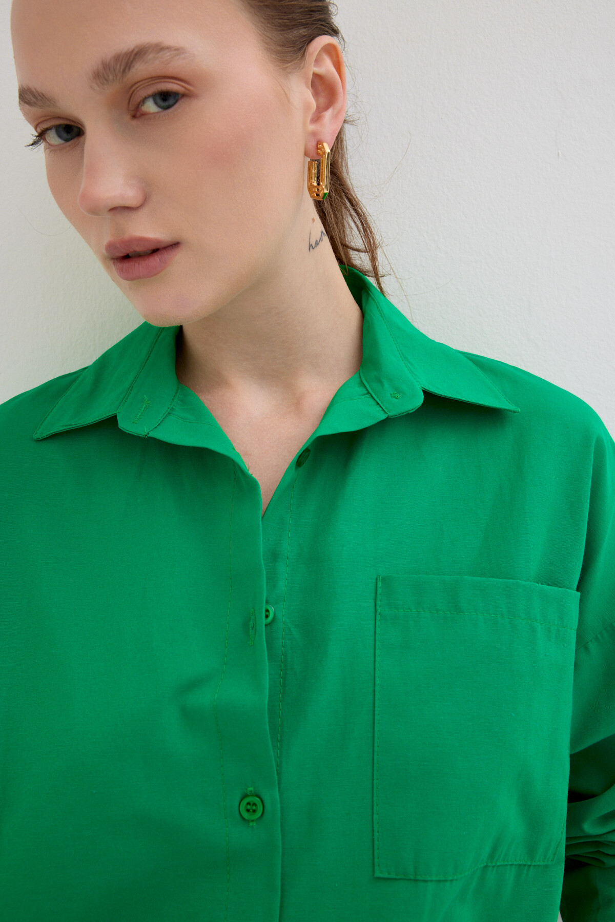 Benetton Yeşili Tek Cepli Oversize Gömlek 8158A - 4