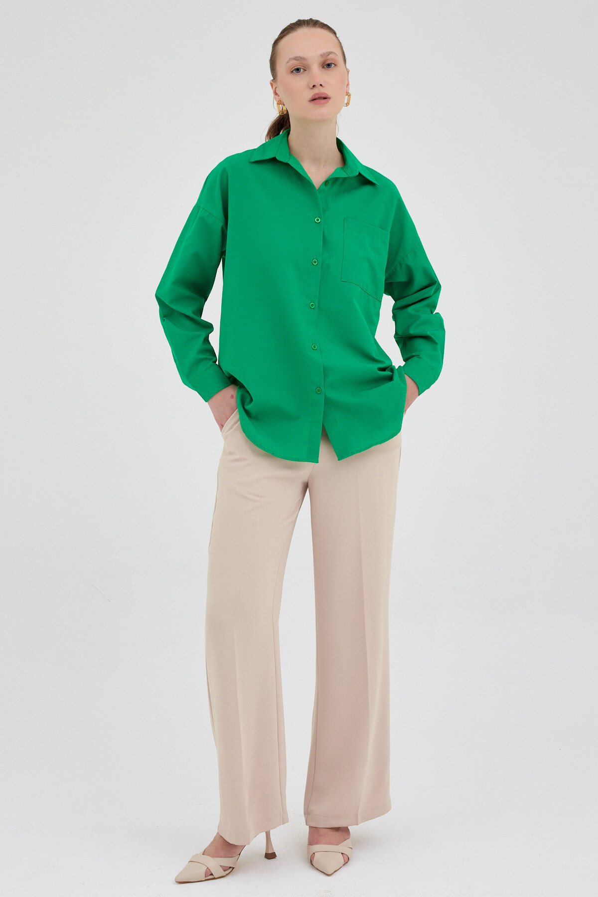 Benetton Yeşili Tek Cepli Oversize Gömlek 8158A - 3