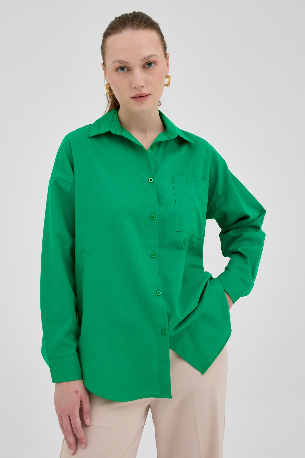 Benetton Yeşili Tek Cepli Oversize Gömlek 8158A - 6