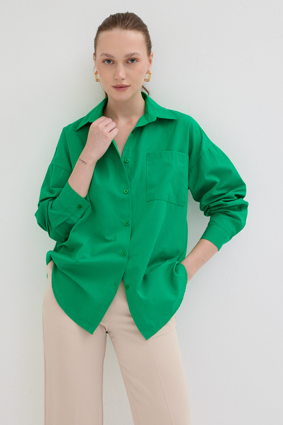 Benetton Yeşili Tek Cepli Oversize Gömlek 8158A - 7