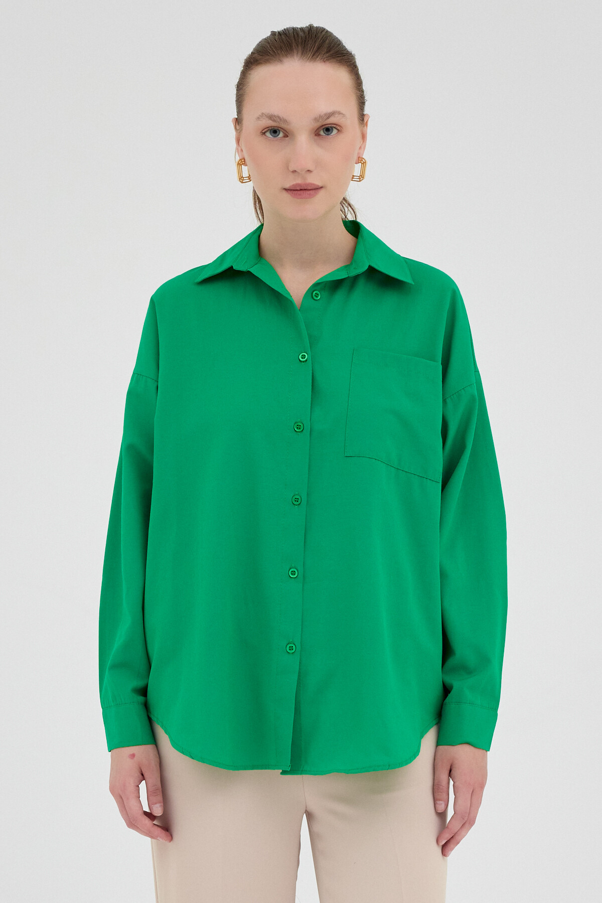 Benetton Yeşili Tek Cepli Oversize Gömlek 8158A - 2
