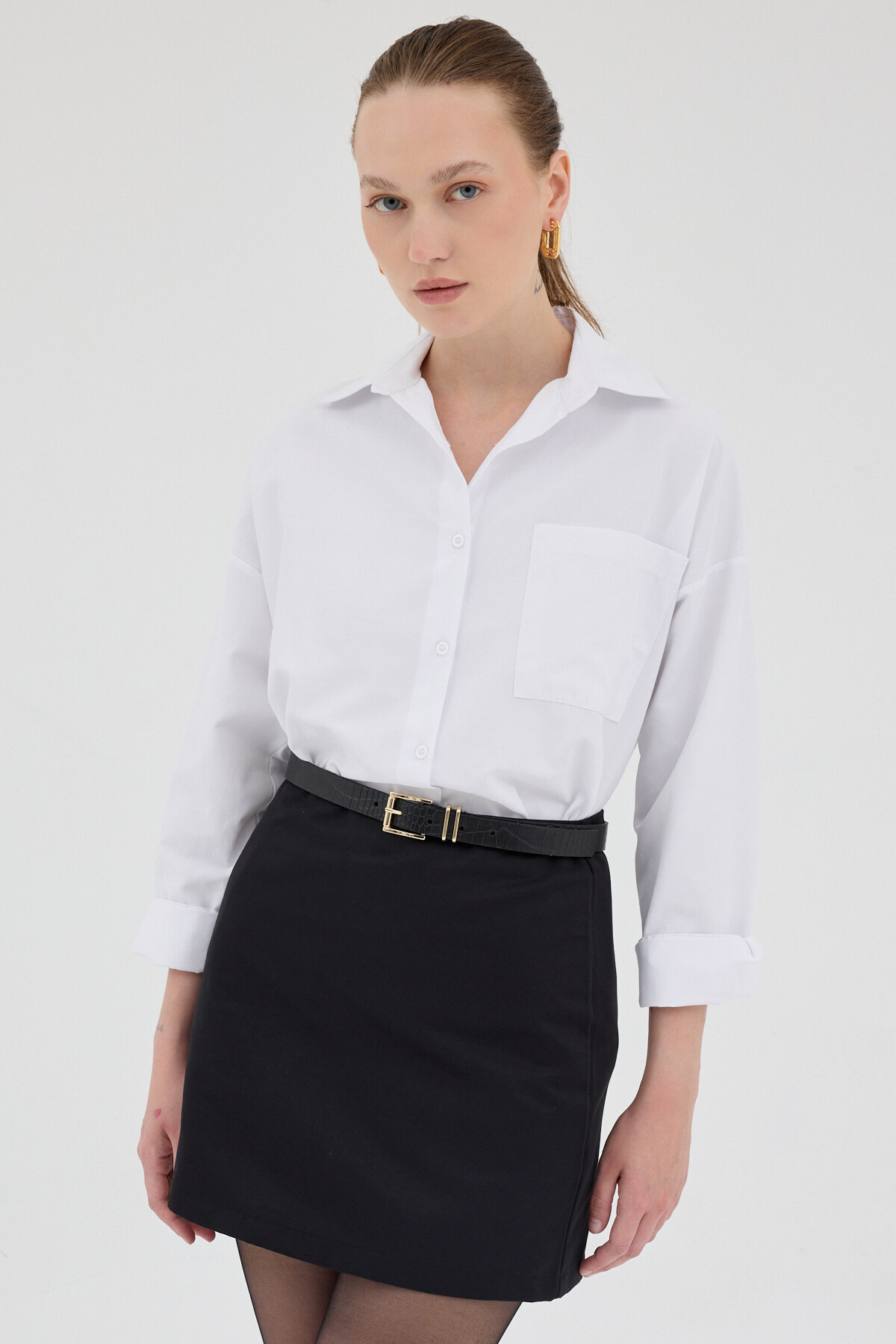 Beyaz Tek Cepli Oversize Gömlek 8158A - RAYS