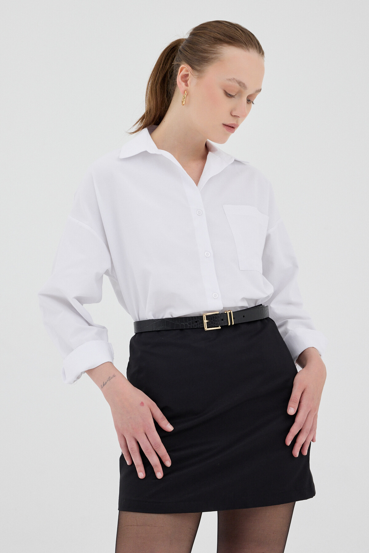 Beyaz Tek Cepli Oversize Gömlek 8158A - 6