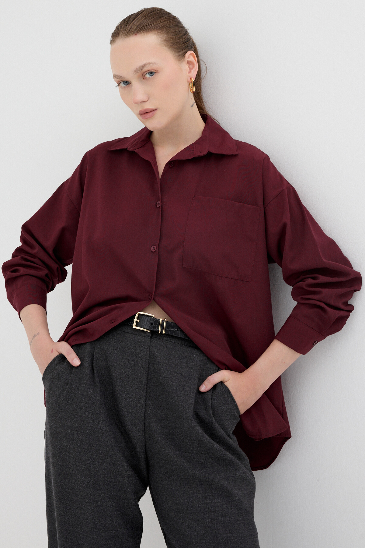 Bordo Tek Cepli Oversize Gömlek 8158A - 1