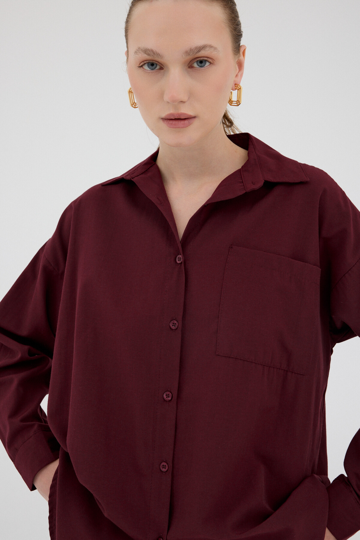 Bordo Tek Cepli Oversize Gömlek 8158A - 4