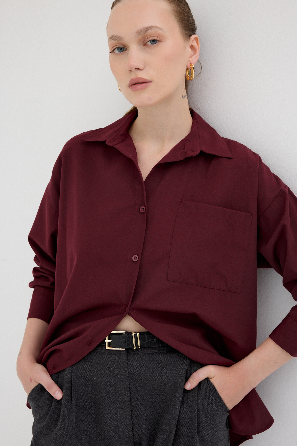 Bordo Tek Cepli Oversize Gömlek 8158A - 6