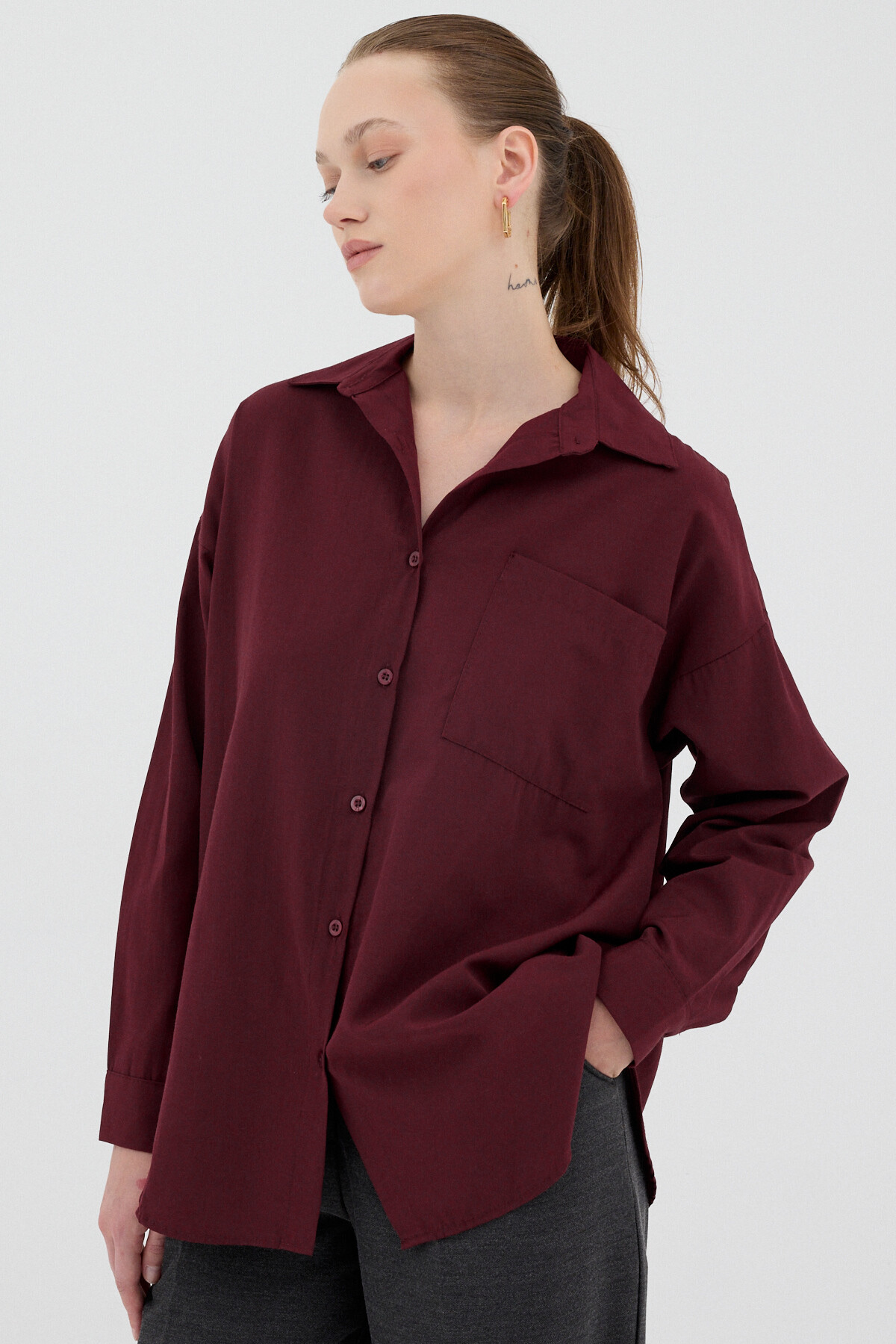 Bordo Tek Cepli Oversize Gömlek 8158A - 7