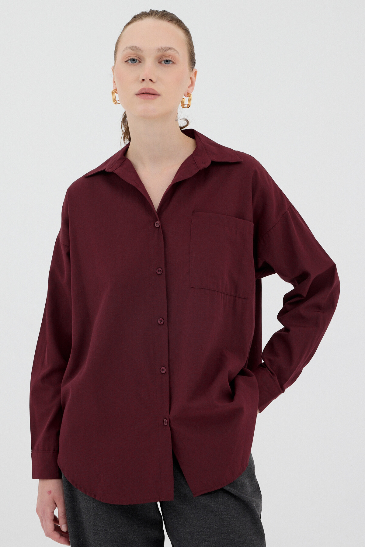 Bordo Tek Cepli Oversize Gömlek 8158A - 2