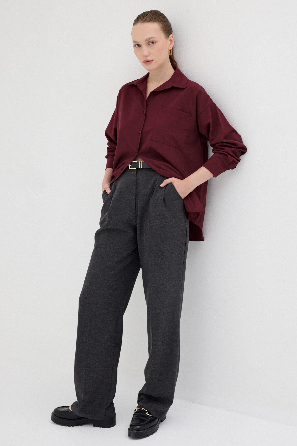 Bordo Tek Cepli Oversize Gömlek 8158A - 3