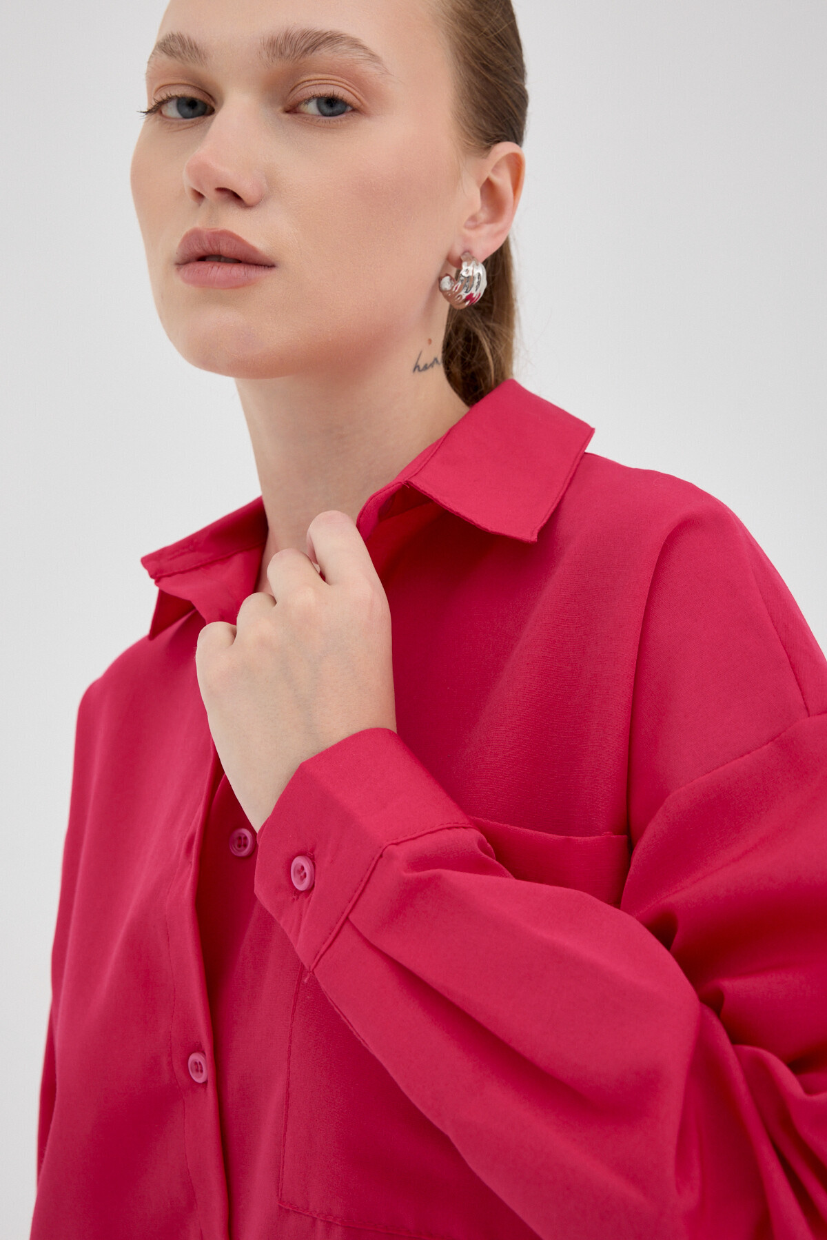 Fuşya Tek Cepli Oversize Gömlek 8158A - 4
