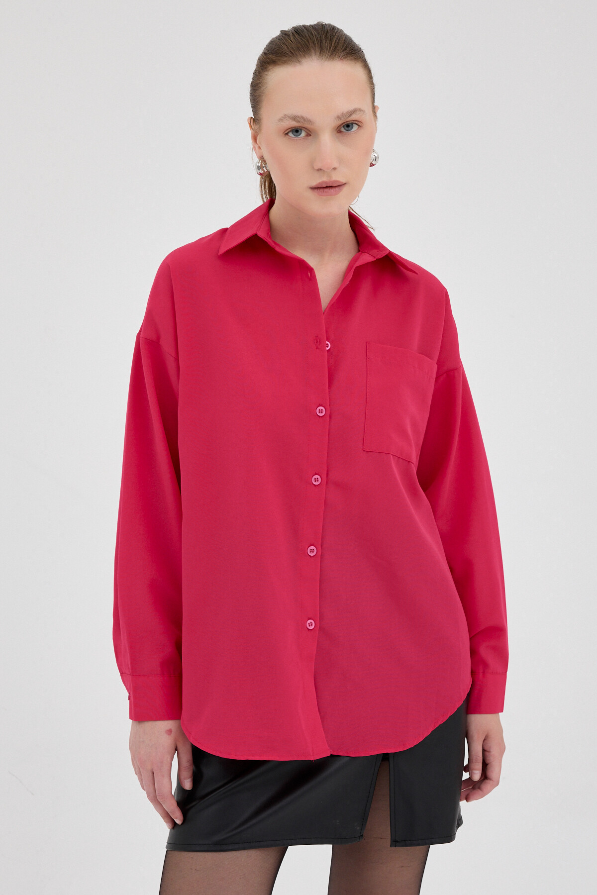 Fuşya Tek Cepli Oversize Gömlek 8158A - 2