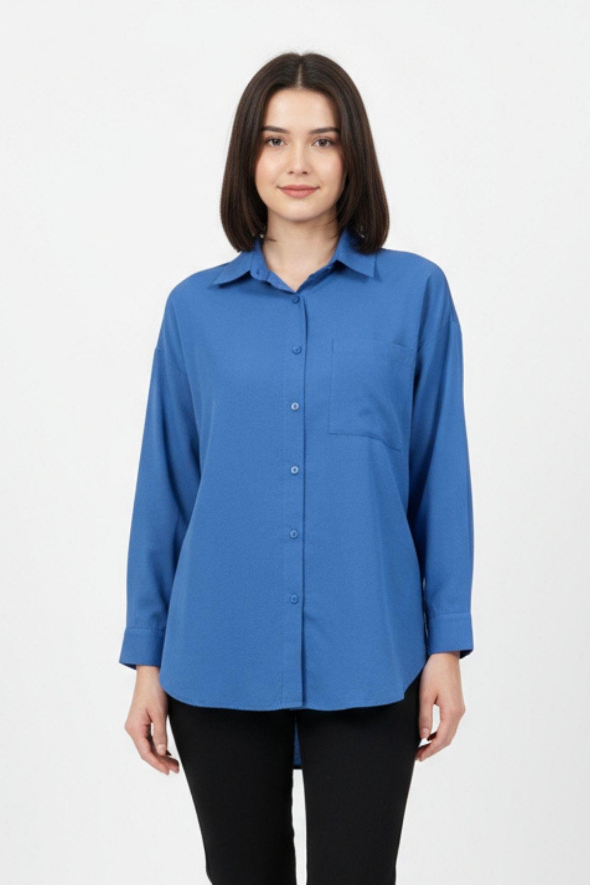 8158A Tek Cep Detay Oversize Gömlek İndigo - 1