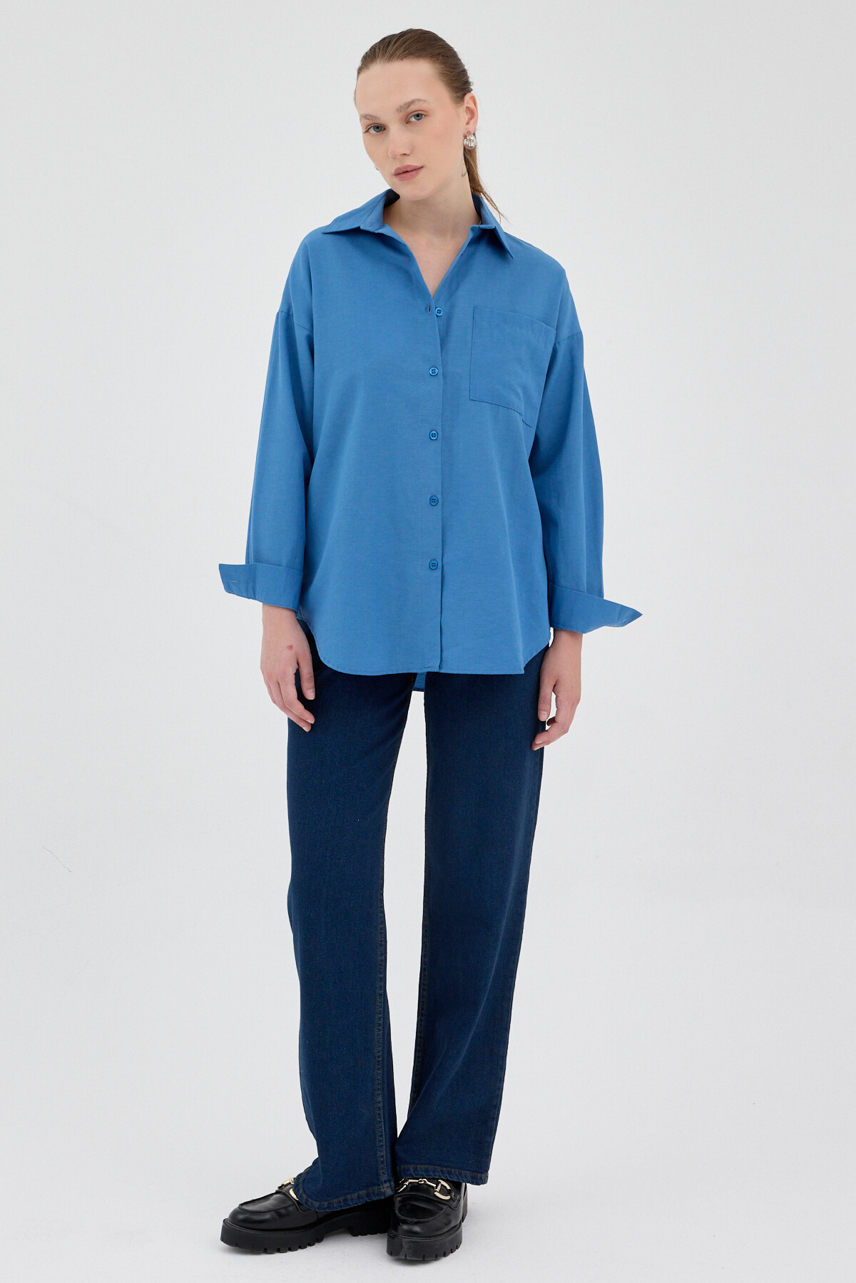 İndigo Tek Cepli Oversize Gömlek 8158A - 3