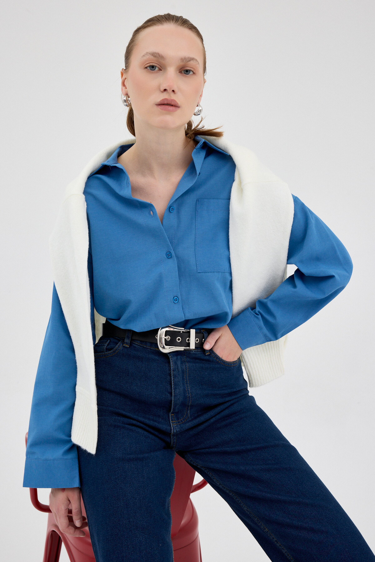 İndigo Tek Cepli Oversize Gömlek 8158A - RAYS