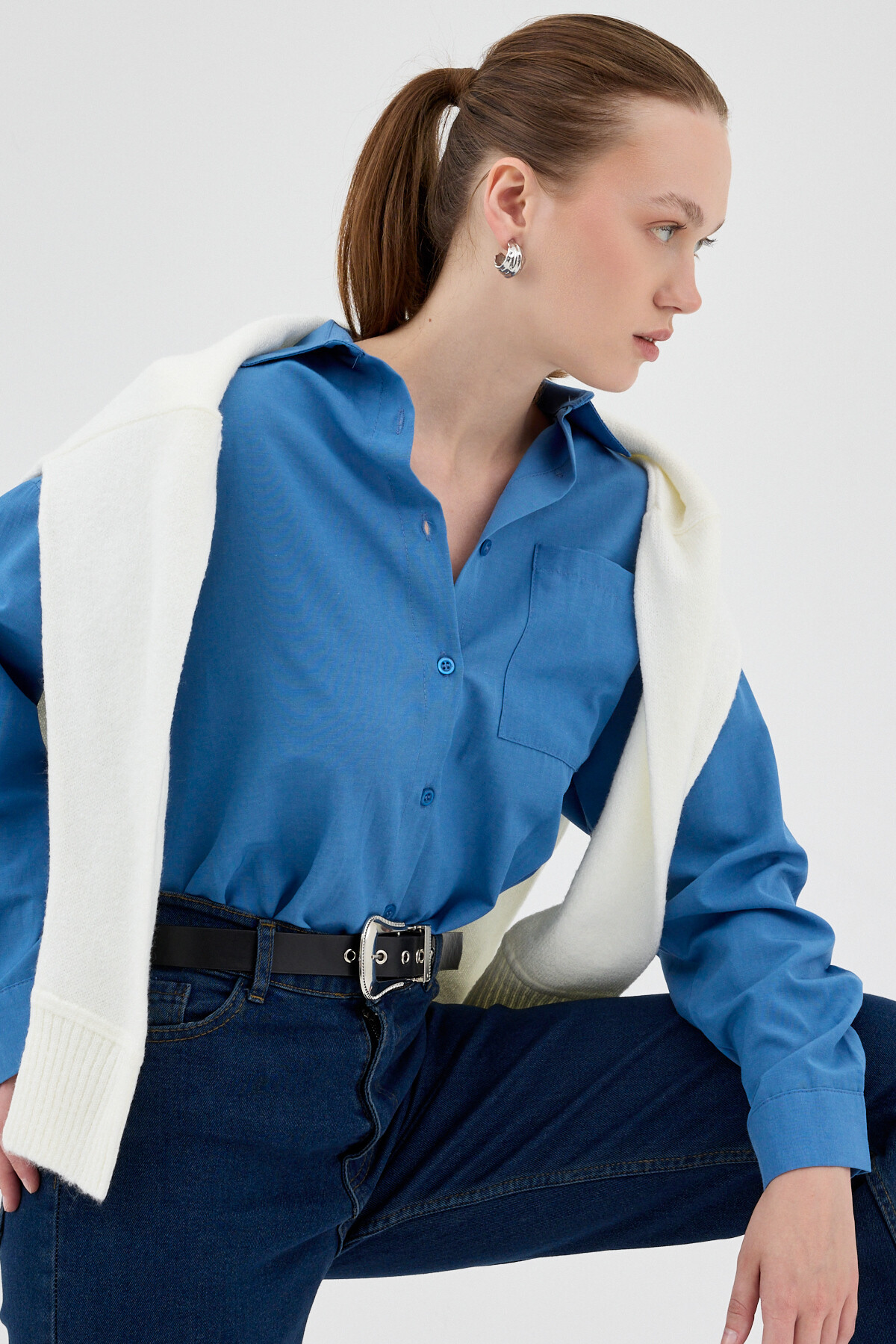 İndigo Tek Cepli Oversize Gömlek 8158A 