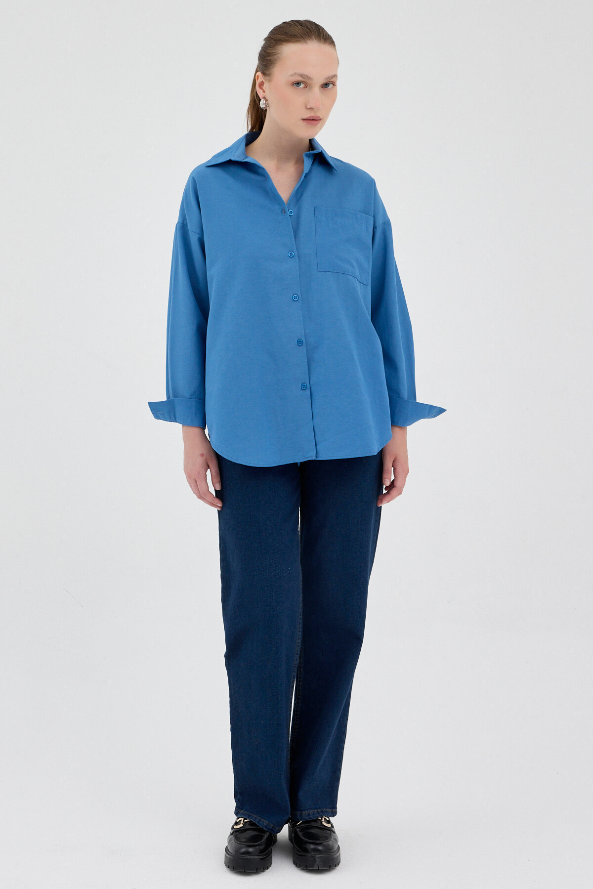 İndigo Tek Cepli Oversize Gömlek 8158A - 6