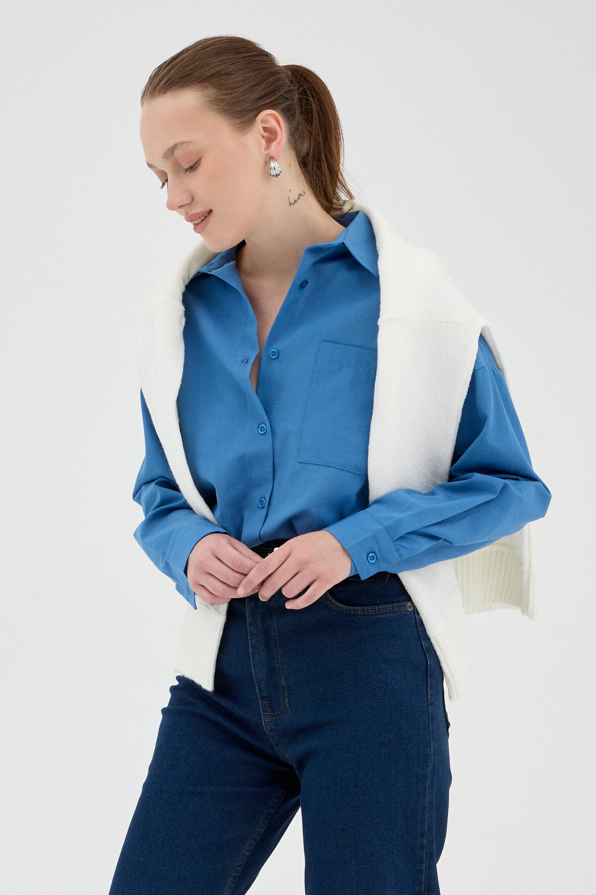 İndigo Tek Cepli Oversize Gömlek 8158A - 4