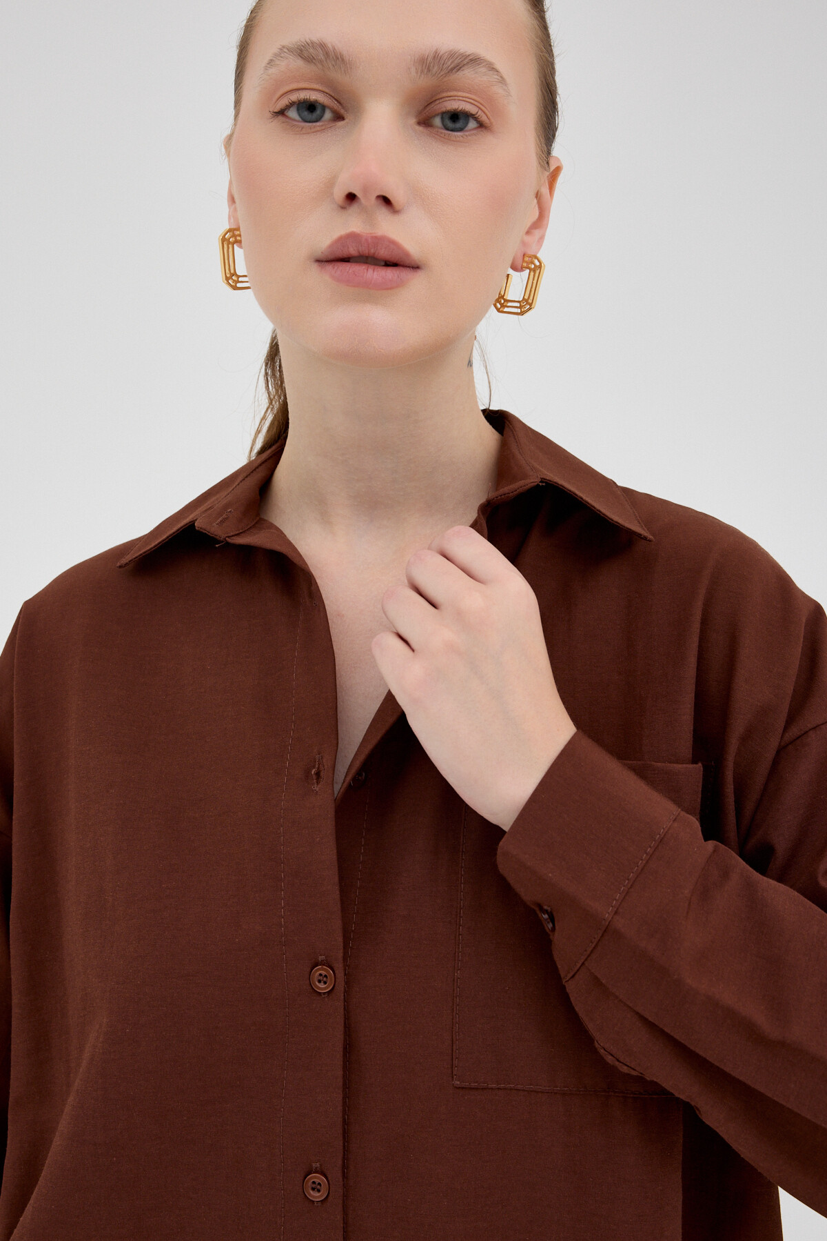 Kahve Tek Cepli Oversize Gömlek 8158A - 4