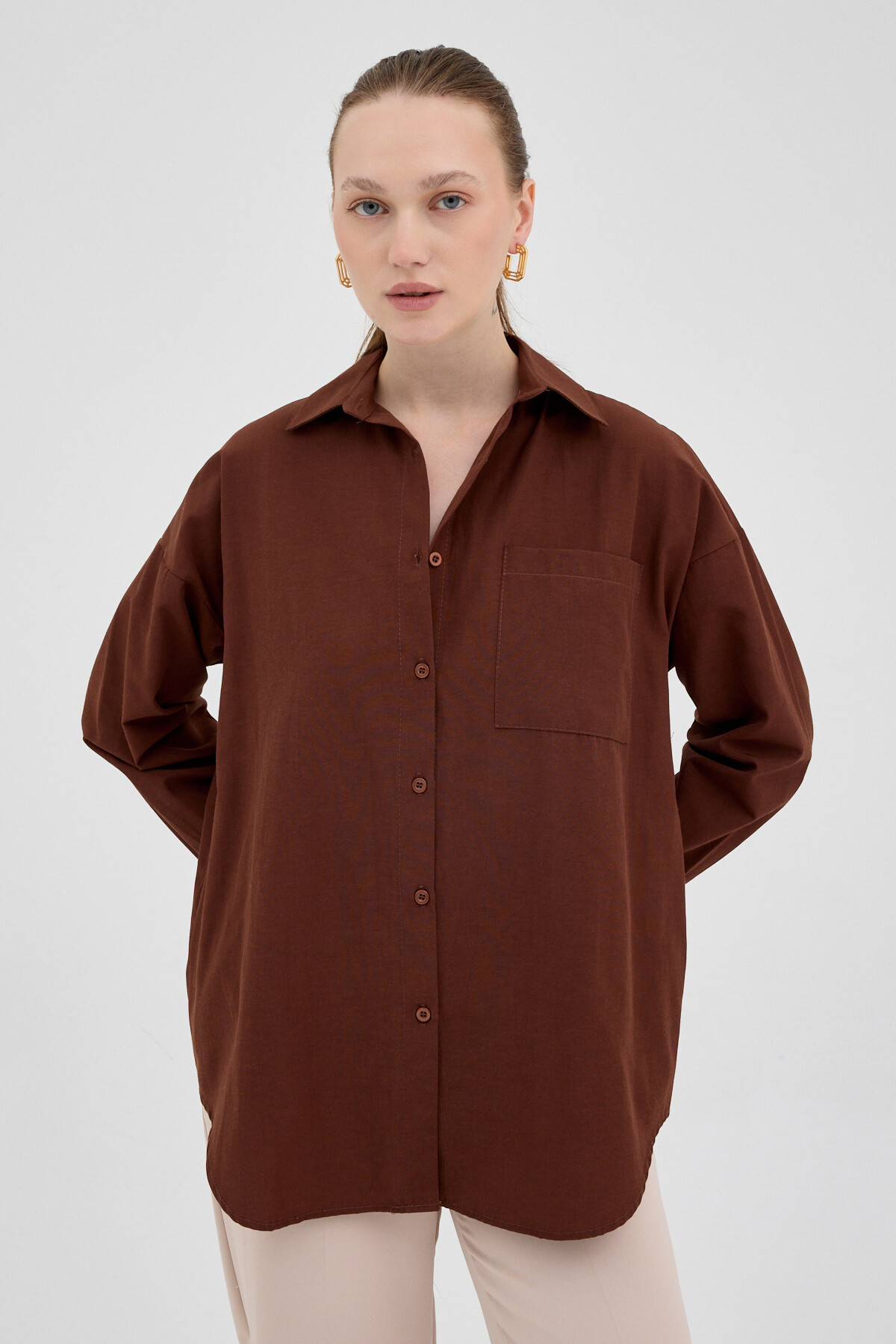 Kahve Tek Cepli Oversize Gömlek 8158A - 6