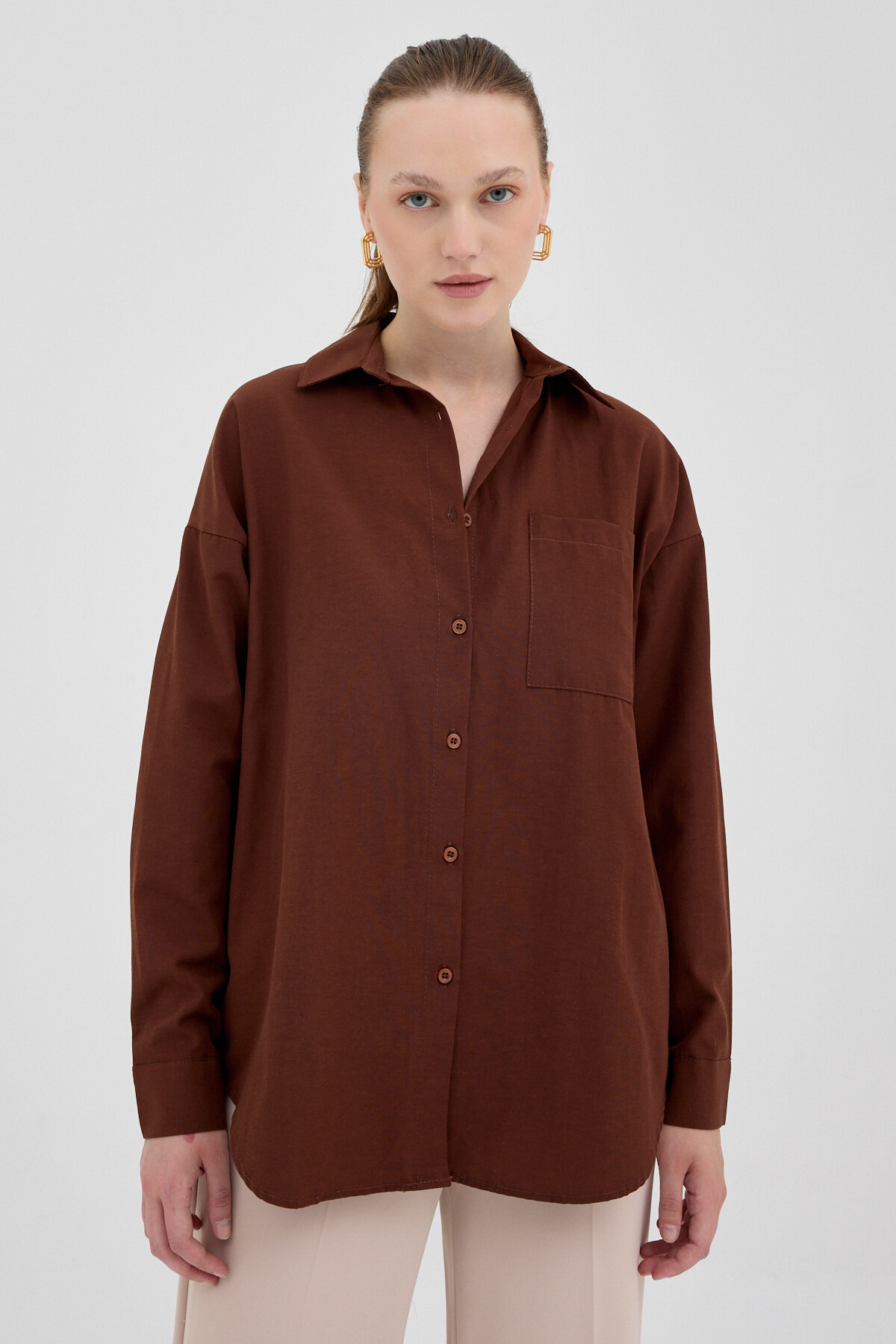 Kahve Tek Cepli Oversize Gömlek 8158A - RAYS (1)