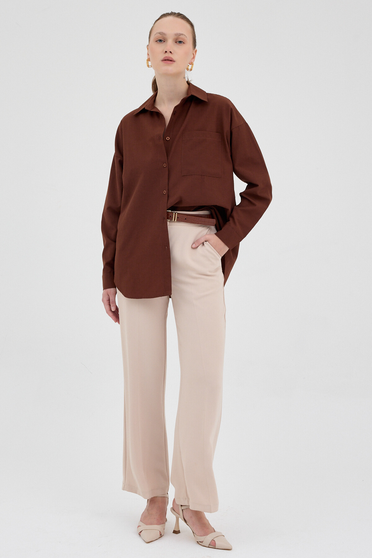 Kahve Tek Cepli Oversize Gömlek 8158A - RAYS