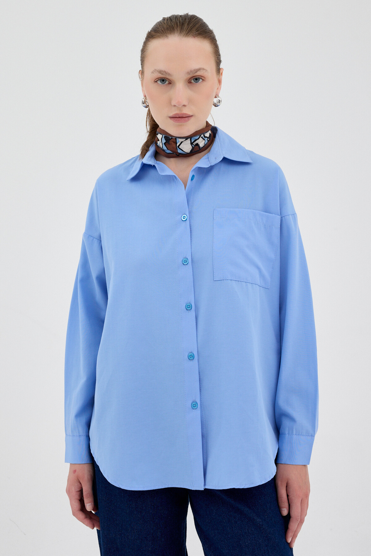 Mavi Tek Cepli Oversize Gömlek 8158A - RAYS