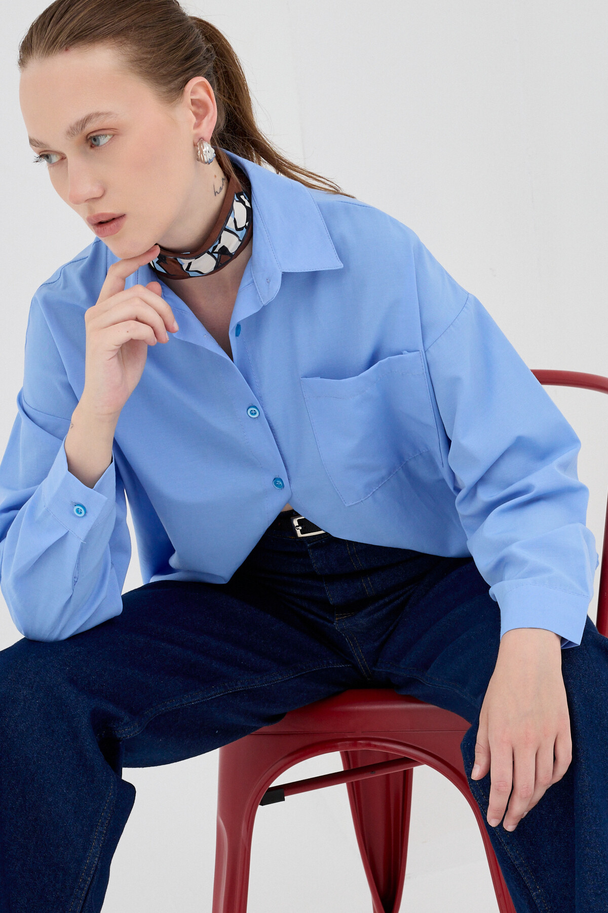 Mavi Tek Cepli Oversize Gömlek 8158A - 1