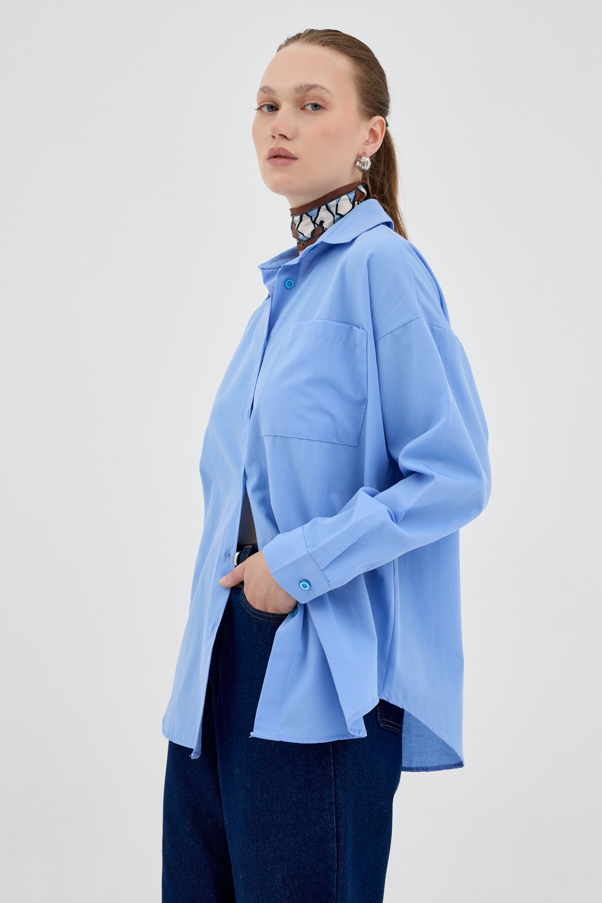 Mavi Tek Cepli Oversize Gömlek 8158A - 5