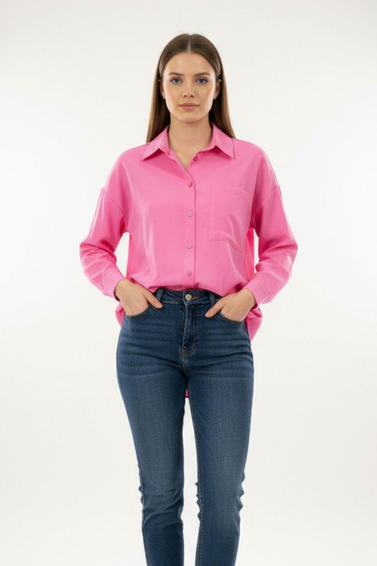 8158A Tek Cep Detay Oversize Gömlek Şeker Pembe - 1