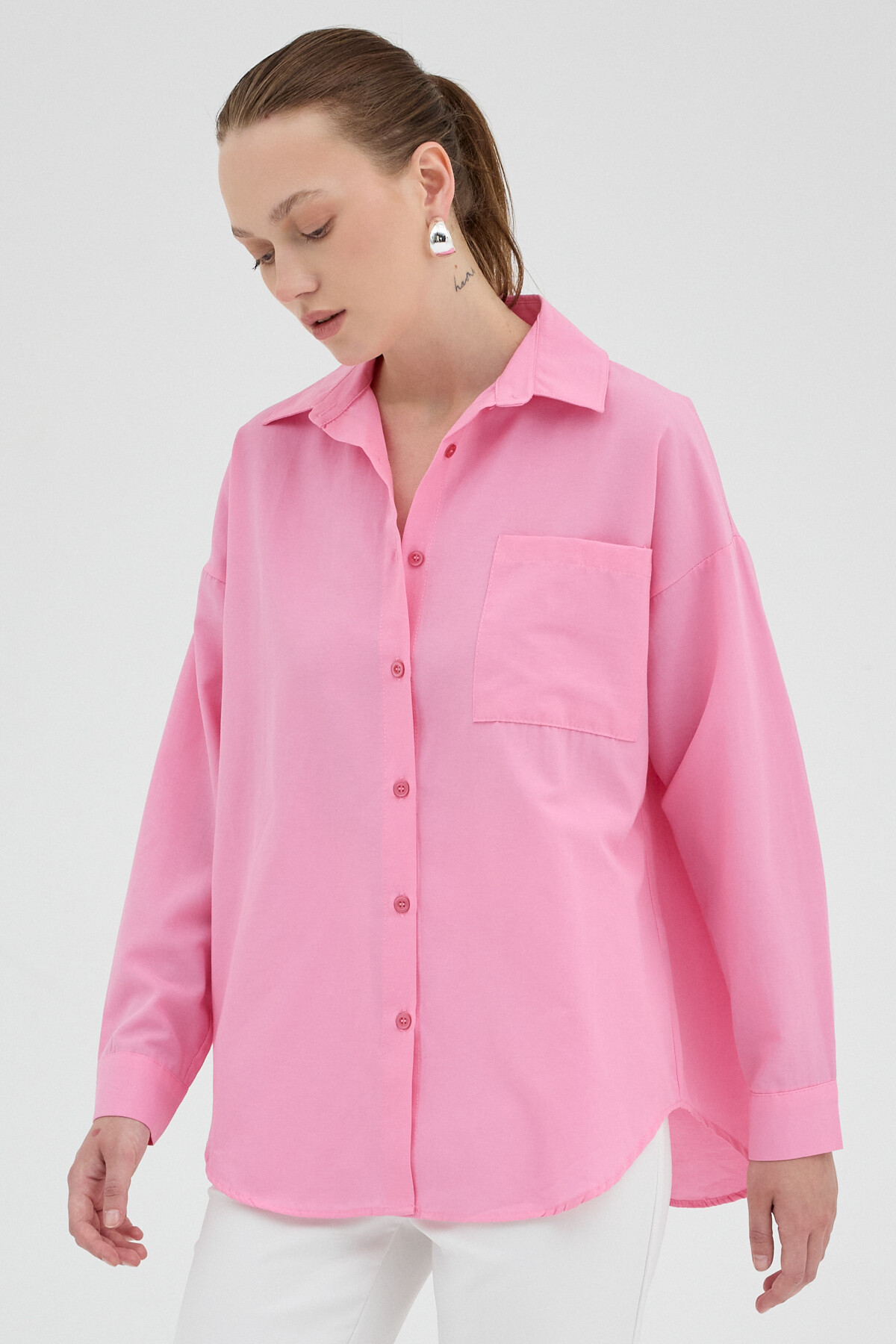 Şeker Pembe Tek Cepli Oversize Gömlek 8158A 