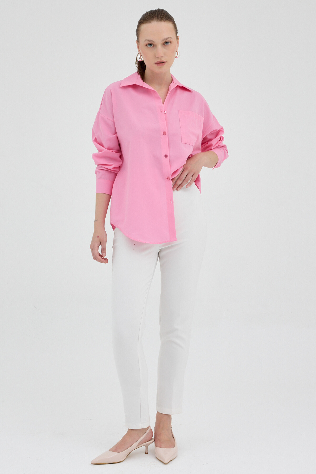 Şeker Pembe Tek Cepli Oversize Gömlek 8158A - RAYS